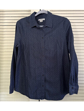 Liz Claiborne Shirt Petite PL Polka Dot Denim Long Sleeve Button Up Career Layer